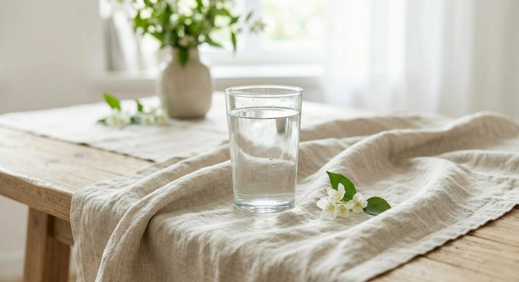 kollagén és a hidratáltság szemléltetése könnyed len textilek és víz egy asztalon
